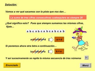 Solución: Menú Enunciado La suma  de tres cifras consecutivas cualesquiera es siempre 20    Pues que siempre sumamos las mismas cifras, fíjate… Vamos a ver qué sacamos con la pista que nos dan… ¿Qué significa esto? a+b+c=b+c+d Si ponemos ahora otra letra a continuación… a e b Y así sucesivamente se repite la misma secuencia de tres números c a b c a b c a b b+c+a=c+a+e d c b a a = d   b = e   