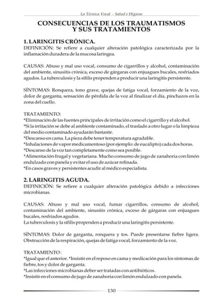 La Técnica Vocal - Salud e Higiene

       CONSECUENCIAS DE LOS TRAUMATISMOS
              Y SUS TRATAMIENTOS
1. LARINGITIS CRÓNICA.
DEFINICIÓN: Se refiere a cualquier alteración patológica caracterizada por la
inflamación duradera de la mucosa laríngea.

CAUSAS: Abuso y mal uso vocal, consumo de cigarrillos y alcohol, contaminación
del ambiente, sinusitis crónica, exceso de gárgaras con enjuagues bucales, resfriados
agudos. La tuberculosis y la sífilis propenden a producir una laringitis persistente.

SÍNTOMAS: Ronquera, tono grave, quejas de fatiga vocal, forzamiento de la voz,
dolor de garganta, sensación de pérdida de la voz al finalizar el día, pinchazos en la
zona del cuello.

TRATAMIENTO:
*Eliminación de las fuentes principales de irritación como el cigarrillo y el alcohol.
*Si la irritación se debe al ambiente contaminado, el traslado a otro lugar o la limpieza
del medio contaminado ayudarán bastante.
*Descanso en cama. La pieza debe tener temperatura agradable.
*Inhalaciones de vapor medicamentoso (por ejemplo: de eucalipto) cada dos horas.
*Descanso de la voz tan completamente como sea posible.
*Alimentación frugal y vegetariana. Mucho consumo de jugo de zanahoria con limón
endulzado con panela y evitar el uso de azúcar refinada.
*En casos graves y persistentes acudir al médico especialista.

2. LARINGITIS AGUDA.
DEFINICIÓN: Se refiere a cualquier alteración patológica debido a infecciones
microbianas.

CAUSAS: Abuso y mal uso vocal, fumar cigarrillos, consumo de alcohol,
contaminación del ambiente, sinusitis crónica, exceso de gárgaras con enjuagues
bucales, resfriados agudos.
La tuberculosis y la sífilis propenden a producir una laringitis persistente.

SÍNTOMAS: Dolor de garganta, ronquera y tos. Puede presentarse fiebre ligera.
Obstrucción de la respiración, quejas de fatiga vocal, forzamiento de la voz.

TRATAMIENTO :
*Igual que el anterior. *Insistir en el reposo en cama y medicación para los síntomas de
fiebre, tos y dolor de garganta.
*Las infecciones microbianas deber ser tratadas con antibióticos.
*Insistir en el consumo de jugo de zanahoria con limón endulzado con panela.


                                          130
 