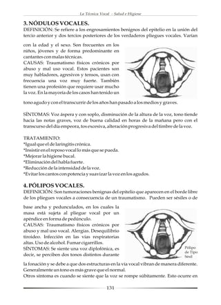 La Técnica Vocal - Salud e Higiene

3. NÓDULOS VOCALES.
DEFINICIÓN: Se refiere a los engrosamientos benignos del epitelio en la unión del
tercio anterior y dos tercios posteriores de los verdaderos pliegues vocales. Varían

con la edad y el sexo. Son frecuentes en los
niños, jóvenes y de forma predominante en
cantantes con malas técnicas.
CAUSAS: Traumatismo físicos crónicos por
abuso y mal uso vocal. Estos pacientes son
muy habladores, agresivos y tensos, usan con
frecuencia una voz muy fuerte. También
tienen una profesión que requiere usar mucho
la voz. En la mayoría de los casos han tenido un

tono agudo y con el transcurrir de los años han pasado a los medios y graves.

SÍNTOMAS: Voz áspera y con soplo, disminución de la altura de la voz, tono tiende
hacia las notas graves, voz de buena calidad en horas de la mañana pero con el
transcurso del día empeora, tos excesiva, alteración progresiva del timbre de la voz.

TRATAMIENTO:
*Igual que el de laringitis crónica.
*Insistir en el reposo vocal lo más que se pueda.
*Mejorar la higiene bucal.
*Eliminación del habla fuerte.
*Reducción de la intensidad de la voz.
*Evitar los cantos con potencia y suavizar la voz en los agudos.

4. PÓLIPOS VOCALES.
DEFINICIÓN: Son tumoraciones benignas del epitelio que aparecen en el borde libre
de los pliegues vocales a consecuencia de un traumatismo. Pueden ser sésiles o de

base ancha y pedunculados, en los cuales la
masa está sujeta al pliegue vocal por un
apéndice en forma de pedúnculo.
CAUSAS: Traumatismo físicos crónicos por
abuso y mal uso vocal. Alergias. Desequilibrio
tiroideo. Infección en las vías respiratorias
altas. Uso de alcohol. Fumar cigarrillos.
SÍNTOMAS: Se siente una voz diplofónica, es                                     Pólipo
                                                                                de Tipo
decir, se perciben dos tonos distintos durante                                  Sésil

la fonación y se debe a que dos estructuras en la vía vocal vibran de manera diferente.
Generalmente un tono es más grave que el normal.
Otros síntoma es cuando se siente que la voz se rompe súbitamente. Esto ocurre en

                                          131
 