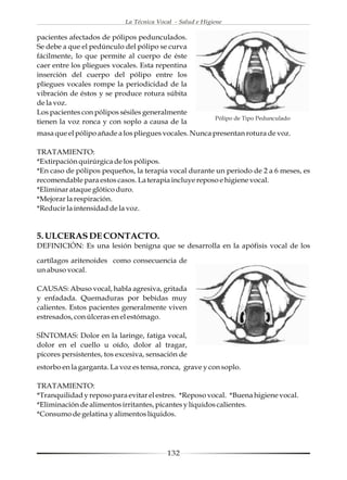 La Técnica Vocal - Salud e Higiene

pacientes afectados de pólipos pedunculados.
Se debe a que el pedúnculo del pólipo se curva
fácilmente, lo que permite al cuerpo de éste
caer entre los pliegues vocales. Esta repentina
inserción del cuerpo del pólipo entre los
pliegues vocales rompe la periodicidad de la
vibración de éstos y se produce rotura súbita
de la voz.
Los pacientes con pólipos sésiles generalmente
                                                           Pólipo de Tipo Pedunculado
tienen la voz ronca y con soplo a causa de la
masa que el pólipo añade a los pliegues vocales. Nunca presentan rotura de voz.

TRATAMIENTO:
*Extirpación quirúrgica de los pólipos.
*En caso de pólipos pequeños, la terapia vocal durante un periodo de 2 a 6 meses, es
recomendable para estos casos. La terapia incluye reposo e higiene vocal.
*Eliminar ataque glótico duro.
*Mejorar la respiración.
*Reducir la intensidad de la voz.


5. ULCERAS DE CONTACTO.
DEFINICIÓN: Es una lesión benigna que se desarrolla en la apófisis vocal de los

cartílagos aritenoides como consecuencia de
un abuso vocal.

CAUSAS: Abuso vocal, habla agresiva, gritada
y enfadada. Quemaduras por bebidas muy
calientes. Estos pacientes generalmente viven
estresados, con úlceras en el estómago.

SÍNTOMAS: Dolor en la laringe, fatiga vocal,
dolor en el cuello u oído, dolor al tragar,
picores persistentes, tos excesiva, sensación de
estorbo en la garganta. La voz es tensa, ronca, grave y con soplo.

TRATAMIENTO:
*Tranquilidad y reposo para evitar el estres. *Reposo vocal. *Buena higiene vocal.
*Eliminación de alimentos irritantes, picantes y líquidos calientes.
*Consumo de gelatina y alimentos líquidos.




                                          132
 