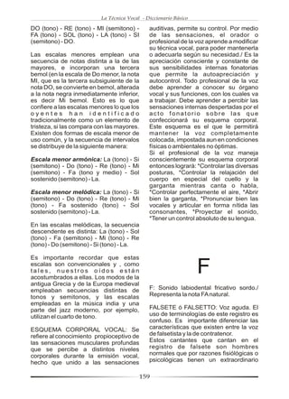 La Técnica Vocal - Diccionario Básico

DO (tono) - RE (tono) - MI (semitono) -       auditivas, permite su control. Por medio
FA (tono) - SOL (tono) - LA (tono) - SI       de las sensaciones, el orador o
(semitono) - DO.                              profesional de la voz aprende a modificar
                                              su técnica vocal, para poder mantenerla
Las escalas menores emplean una               o adecuarla según su necesidad./ Es la
secuencia de notas distinta a la de las       apreciación consciente y constante de
mayores, e incorporan una tercera             sus sensibilidades internas fonatorias
bemol (en la escala de Do menor, la nota      que permite la autoapreciación y
MI, que es la tercera subsiguiente de la      autocontrol. Todo profesional de la voz
nota DO, se convierte en bemol, alterada      debe aprender a conocer su órgano
a la nota negra inmediatamente inferior,      vocal y sus funciones, con los cuales va
es decir Mi bemol. Esto es lo que             a trabajar. Debe aprender a percibir las
confiere a las escalas menores lo que los     sensaciones internas despertadas por el
oyentes han identificado                      acto fonatorio sobre las que
tradicionalmente como un elemento de          confeccionará su esquema corporal.
tristeza, si las compara con las mayores.     Este esquema es el que le permitirá
Existen dos formas de escala menor de         mantener la voz completamente
uso común, y la secuencia de intervalos       colocada, impostada aun en condiciones
se distribuye de la siguiente manera:         físicas o ambientales no óptimas.
                                              Si el profesional de la voz maneja
Escala menor armónica: La (tono) - Si         conscientemente su esquema corporal
(semitono) - Do (tono) - Re (tono) - Mi       entonces logrará: *Controlar las diversas
(semitono) - Fa (tono y medio) - Sol          posturas, *Controlar la relajación del
sostenido (semitono) - La.                    cuerpo en especial del cuello y la
                                              garganta mientras canta o habla,
Escala menor melódica: La (tono) - Si         *Controlar perfectamente el aire, *Abrir
(semitono) - Do (tono) - Re (tono) - Mi       bien la garganta, *Pronunciar bien las
(tono) - Fa sostenido (tono) - Sol            vocales y articular en forma nítida las
sostenido (semitono) - La.                    consonantes, *Proyectar el sonido,
                                              *Tener un control absoluto de su lengua.
En las escalas melódicas, la secuencia
descendente es distinta: La (tono) - Sol
(tono) - Fa (semitono) - Mi (tono) - Re
(tono) - Do (semitono) - Si (tono) - La.

Es importante recordar que estas
escalas son convencionales y , como
tales, nuestros oídos están
acostumbrados a ellas. Los modos de la
                                                                  F
antigua Grecia y de la Europa medieval
empleaban secuencias distintas de             F: Sonido labiodental fricativo sordo./
tonos y semitonos, y las escalas              Representa la nota FA natural.
empleadas en la música india y una
parte del jazz moderno, por ejemplo,          FALSETE ó FALSETTO: Voz aguda. El
utilizan el cuarto de tono.                   uso de terminologías de este registro es
                                              confuso. Es importante diferenciar las
ESQUEMA CORPORAL VOCAL: Se                    características que existen entre la voz
refiere al conocimiento propioceptivo de      de falsetista y la de contratenor.
las sensaciones musculares profundas          Estos cantantes que cantan en el
que se percibe a distintos niveles            registro de falsete son hombres
corporales durante la emisión vocal,          normales que por razones fisiólógicas o
hecho que unido a las sensaciones             psicológicas tienen un extraordinario

                                            159
 
