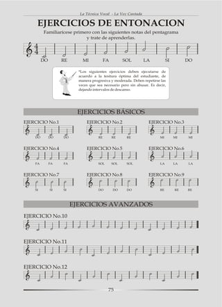 La Técnica Vocal - La Voz Cantada


     EJERCICIOS DE ENTONACION
         Familiarícese primero con las siguientes notas del pentagrama
                            y trate de aprenderlas.

    4
    4
         DO        RE       MI            FA         SOL       LA            SI        DO

                          *Los siguientes ejercicios deben ejecutarse de
                          acuerdo a la tesitura óptima del estudiante, de
                          manera progresiva y moderada. Deben repetirse las
                          veces que sea necesario pero sin abusar. Es decir,
                          dejando intervalos de descanso.




                         EJERCICIOS BÁSICOS
EJERCICIO No.1                EJERCICIO No.2                      EJERCICIO No.3


    DO        DO   DO                RE        RE     RE                MI        MI   MI


EJERCICIO No.4                EJERCICIO No.5                      EJERCICIO No.6


    FA        FA   FA                SOL       SOL    SOL               LA        LA   LA


EJERCICIO No.7                EJERCICIO No.8                      EJERCICIO No.9


    SI        SI   SI                DO        DO     DO                RE        RE   RE




                        EJERCICIOS AVANZADOS
EJERCICIO No.10



EJERCICIO No.11



EJERCICIO No.12



                                           75
 