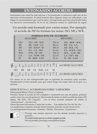 La Técnica Vocal - La Voz Cantada


               ENTONANDO ACORDES
Suponemos que usted ha sido juicioso y ha practicado a conciencia cada uno de los
ejercicios recomendados. Si usted todavía ataca algunas notas con dificultad y con
fatiga, le recomendamos que vuelva atrás y prosiga hasta que haya practicado todos
los ejercicios correctamente. Si no es así, entonces estará en capacidad de seguir

  Un acorde está formado por varias notas. Por ejemplo,
   el acorde de DO lo forman las notas: DO, MI y SOL.
                       FORMACION DE ACORDES
                   MAYORES             MENORES
         DO            DO - MI - SOL              Do m           DO - RE# - SOL
         RE            RE - FA# - LA              Re m           RE - FA - LA
         MI            MI - SOL# - SI             Mi m           MI - SOL - SI
         FA            FA - LA - DO               Fa m           FA - SOL# - DO
         SOL           SOL - SI - RE              Sol m          SOL - LA# - RE
         LA            LA - DO# - MI              La m           LA - DO - MI
         SI            SI - RE# - FA#             Si m           SI - RE - FA#

                                                   #
                                                   #
               #       #
                                            #
                                                          ACORDES MAYORES

    DO       RE      MI    FA    SOL LA           SI
                                                    #
                             #      #                     ACORDES MENORES
         #


Por ahora no es tan indispensable que se aprenda de memoria estos acordes.
Simplemente se han anotado para que usted tenga una mejor idea de lo que va a
entonar.

EJERCICIO No.1: ACORDES MAYORES Y MENORES
Instrumento Básico: Piano o Guitarra.
Práctica: Sonar el acorde de DO completo y sostenerlo (en caso de piano), pulsarlo
varias veces (en caso de guitarra). Ahora trate de imitar en dicho acorde las notas: DO
(Bajo), MI, SOL, DO (Agudo),          con la boca cerrada tratando de imitar el
“muuuuuuuu”...de una vaca.
Otras Opciones Necesarias: Cantar las vocales - Las sílabas Na, Ne, Ni, No, Nu -
Las repeticiones: nananá, nenená, nininí, nononó, nununú, tarará, tereré, tirirí.
Las prologaciones Naaaaaaa...Neeeeee...Niiiiiii...Nooooooo...Nuuuuuuu...
                   *Prosiga este mismo ejercicio con los demás acordes mayores y
                   menores.
                   *Es importante que no se omita ningún acorde.
                   *Si le es posible, practique con palabras largas.


                                            78
 