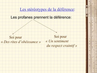 Les stéréotypes de la déférence : Les profanes prennent la déférence : Soi pour «  Des rites d’obéissance »   Soi pour   « Un sentiment du respect craintif »   