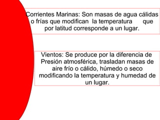 Corrientes Marinas: Son masas de agua cálidas o frías que modifican  la temperatura  que por latitud corresponde a un lugar. Vientos: Se produce por la diferencia de  Presión atmosférica, trasladan masas de aire frío o cálido, húmedo o seco modificando la temperatura y humedad de un lugar. 