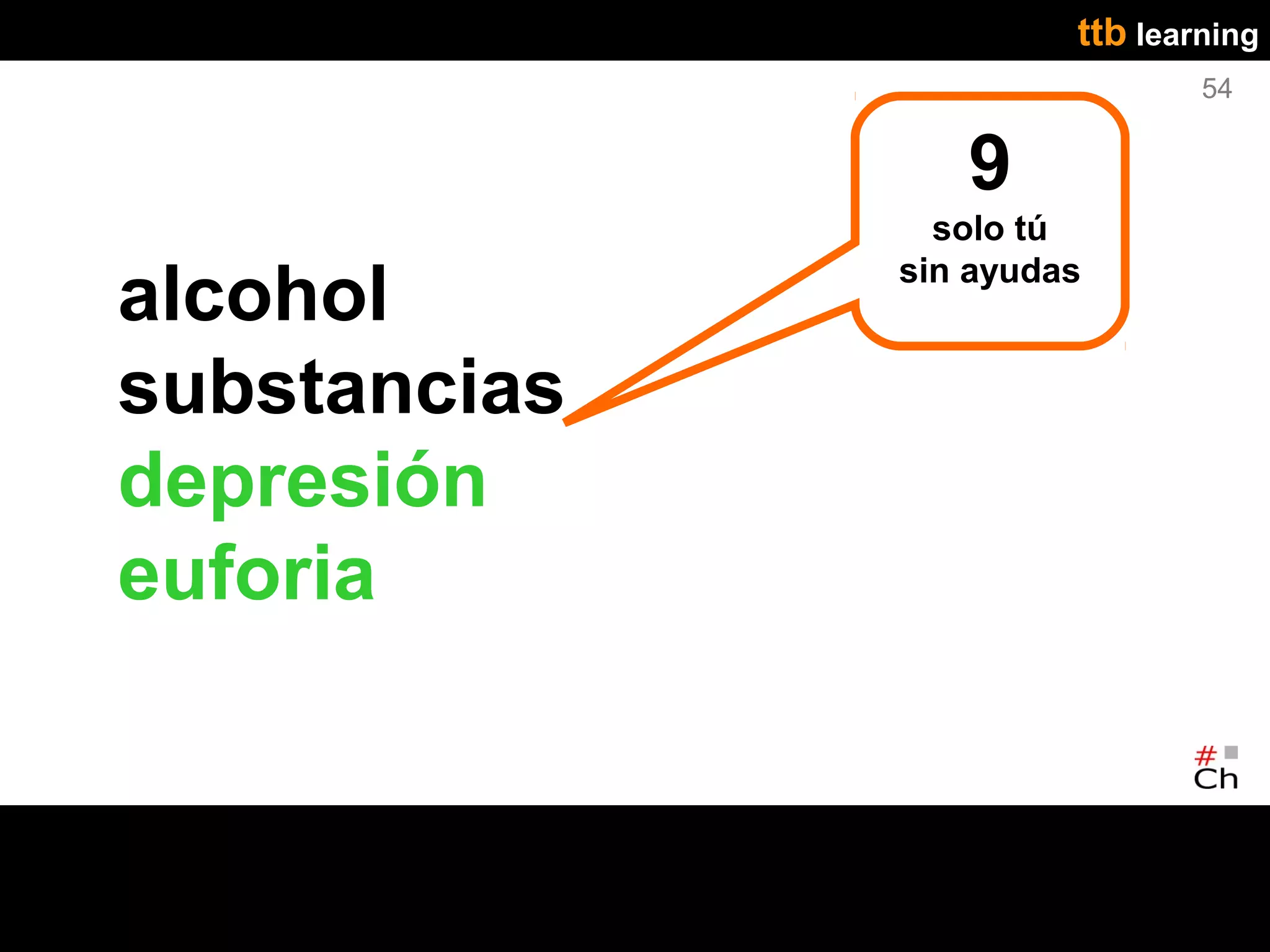 ttb learning
                               54


                 9
                solo tú

alcohol       sin ayudas


substancias
depresión
euforia
 