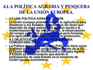 4.LA POLÍTICA AGRARIA Y PESQUERA DE LA UNIÓN EUROPEA . 4.1.UNA POLÍTICA AGRARIA COMÚN. La Unión europea potenció mucho la agricultura para abastecer a los Estados comunitarios sin tener que depender de otros países.Esta política ayudó a la modernización de las instalaciones, la mecanización del campo y justificó grandes gastos para fomentar una agricultura intensica y mejorar la producción. 4.2.OBJETICOS DE  LA POLÍTICA AGRARIA COMUNITARIA (PAC). La Política Agraria Comunitaria (PAC),que tiene como finalidad conseguir el autoconsumo dentro de la UE. El Fondo Europeo de Orientación y Garantía Agraria (FEOGA) es el instrumento que decide la participación de cada Estado en el momento de recibir ayudas económicas. 