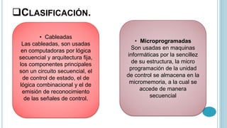 CLASIFICACIÓN.
• Cableadas
Las cableadas, son usadas
en computadoras por lógica
secuencial y arquitectura fija,
los componentes principales
son un circuito secuencial, el
de control de estado, el de
lógica combinacional y el de
emisión de reconocimiento
de las señales de control.
• Microprogramadas
Son usadas en maquinas
informáticas por la sencillez
de su estructura, la micro
programación de la unidad
de control se almacena en la
micromemoria, a la cual se
accede de manera
secuencial
 