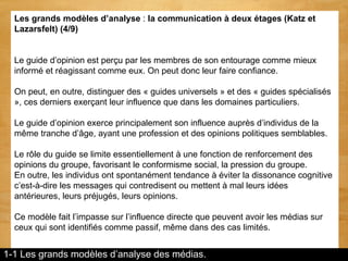Les grands modèles d’analyse  :  la communication à deux étages (Katz et Lazarsfelt) (4/9) Le guide d’opinion est perçu pa...