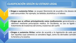 CLASIFICACIÓN SEGÚN SU ESTADO LEGAL
1
• Drogas o sustancias lícitas: se ocupan libremente de acuerdo a los deseos de
cada consumidor. Por ejemplo, las bebidas alcohólicas y el tabaco.
2
• Drogas que se utilizan principalmente como medicamento: generalmente se
obtienen mediante prescripción médica. En Occidente, su uso va ligado a
tratamiento de trastornos del ánimo, trastornos del sueño
3
• Drogas o sustancias ilícitas: varían de acuerdo a la legislación de cada país
Son aquellas cuyo comercio se considera ilegal, como los derivados cannabis
la heroína y la cocaína.
 