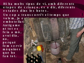 Hi ha molts tipus de vi, amb diferents etapes de criança, és a dir, diferents estades dins les botes. Un cop a transcorri't el temps que volem, ja està preparat per ser embotellat. Antigament tot es feia a mà, avui dia, no, perquè fem servir màquines que ho fan tot. 
