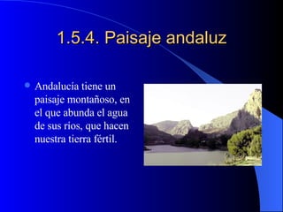 1.5.4. Paisaje andaluz Andalucía tiene un paisaje montañoso, en el que abunda el agua de sus ríos, que hacen nuestra tierra fértil. 