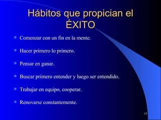 Hábitos que propician el ÉXITO Comenzar con un fin en la mente. Hacer primero lo primero. Pensar en ganar. Buscar primero entender y luego ser entendido. Trabajar en equipo, cooperar. Renovarse constantemente. 