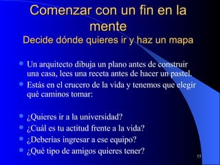 Comenzar con un fin en la mente Decide dónde quieres ir y haz un mapa Un arquitecto dibuja un plano antes de construir una casa, lees una receta antes de hacer un pastel. Estás en el crucero de la vida y tenemos que elegir qué caminos tomar:  ¿Quieres ir a la universidad?  ¿Cuál es tu actitud frente a la vida?  ¿Deberías ingresar a ese equipo? ¿Qué tipo de amigos quieres tener? 
