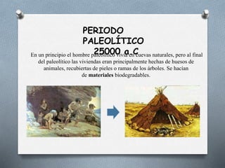 PERIODO
PALEOLÍTICO
25000 a.CEn un principio el hombre paleolítico vivía en cuevas naturales, pero al final
del paleolítico las viviendas eran principalmente hechas de huesos de
animales, recubiertas de pieles o ramas de los árboles. Se hacían
de materiales biodegradables.
 