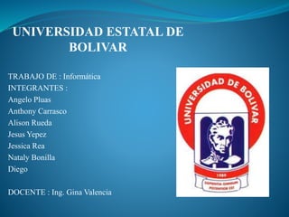 UNIVERSIDAD ESTATAL DE
BOLIVAR
TRABAJO DE : Informática
INTEGRANTES :
Angelo Pluas
Anthony Carrasco
Alison Rueda
Jesus Yepez
Jessica Rea
Nataly Bonilla
Diego
DOCENTE : Ing. Gina Valencia
 