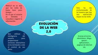 EVOLUCIÒN
DE LA WEB
2,0
Web1,0 no es mas
que las webs de
hasta hace poco
tiempo .
En el que el usuario
se limitaba a
consultar e ingerir la
información .
Esto ha ido
evolucionando de
tal manera que hay
una interacción
mayor en las webs
Gracias al correo
electrónico , blogs ,
spaces ,
aplicaciones ,
paginas de internet
etc.
Que utilizan la
inteligencia del
usuario para
proporcionar
servicios interactivos
en la red dando a este
el control de sus
datos
 
