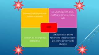 Sitio web cuyas paginas web
pueden se editadas
Los usuarios pueden crear ,
modificar o borrar un mismo
texto
Creación de enciclopedias
colaborativas
La funcionalidad de esta
herramienta colaborativa es de
gran interés para el mundo
educativo
WIKIS
 