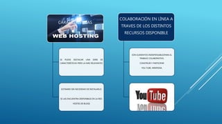 CARACTERÍSTICAS
SE PUEDE DESTACAR UNA SERIE DE
CARACTERÍSTICAS PERO LA MÁS RELEVANTES
SOTWARD SIN NECESIDAD DE INSTALARLO:
SE LAS ENCUENTRA DISPONIBLES EN LA RED.
HOSTIG DE BLOGS
COLABORACIÓN EN LÍNEA A
TRAVES DE LOS DISTINTOS
RECURSOS DISPONIBLE
SON ELEMENTOS INDISPENSABLESPARA EL
TRABAJO COLABORATIVO.
CONSTRUIR Y PARTICIPAR
YOU TUBE, WIKIPEDIA.
 