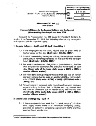 Labor Advisory on the Payment of Wages for the Regular Holidays and Special (Non-Working) Days in April and May 2014
