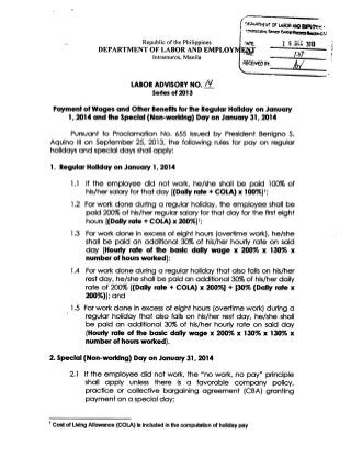 Labor Advisory on the Payment of Wages and Related Benefits on January 1, 2014 and January 31, 2014