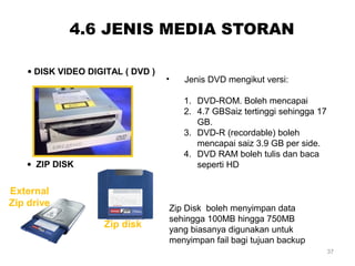4.6 JENIS MEDIA STORAN
37
• DISK VIDEO DIGITAL ( DVD )
• Jenis DVD mengikut versi:
1. DVD-ROM. Boleh mencapai
2. 4.7 GBSaiz tertinggi sehingga 17
GB.
3. DVD-R (recordable) boleh
mencapai saiz 3.9 GB per side.
4. DVD RAM boleh tulis dan baca
seperti HD• ZIP DISK
Zip Disk boleh menyimpan data
sehingga 100MB hingga 750MB
yang biasanya digunakan untuk
menyimpan fail bagi tujuan backup
External
Zip drive
Zip disk
 