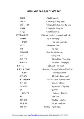 DANH MỤC CÁC CỤM TỪ VIẾT TẮT


             CBQL                                        Cán bộ quản lý.
             CGCN                                        Chuyển giao công nghệ.
             CNH - HĐH                                   Công nghiệp hoá, hiện đại hoá.
             CNTT                                        Công nghệ thông tin.
             CTQL                                        Chủ thể quản lý.
      CTCT & QLSV                                Công tác chính trị và quản lý sinh viên.
             DAXD                                        Dự án xây dựng
                 DKPT                                               Dự kiến phát triển.
             ĐTTC                                        Đào tạo tại chức.
             ĐH                                                   Đại học
             GD & ĐT                                     Giáo dục và đào tạo.
             GV                                                   Giảng viên.
             HC - TH                                              Hành chính - Tổng hợp.
             KH - CN                                              Khoa học - công nghệ.
        KH - TC                                            Kế hoạch - Tài chính
        KHCN & QHQT                                Khoa học - Công nghệ và quan hệ quốc tế.
                 KHKT                                               Khoa học kỹ thuật.
             KT - CN                                              Kỹ thuật - Công nghệ.
             KT - QTKD                                   Kinh tế - Quản trị kinh doanh.
             KT - XH                                              Kinh tế - xã hội.
             NC - ƯD                                              Nghiên cứu - Ứng dụng.
             QL                                                   Quản lý.
                 QT - TB                                            Quản trị - Thiết bị.
             SV                                                   Sinh viên.
             TC - CB                                              Tổ chức - Cán bộ.
             TL & VL                                              Tài lực và vật lực.
             TH - NN                                 Tin học - Ngoài ngữ.



Đề cương bạn đang xem từ http://Tailieu24h.com được trích từ tài liệu đầy đủ. LH: 0979.170.170
 