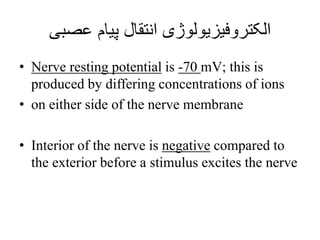 ‫عصبی‬ ‫پیام‬ ‫انتقال‬ ‫الکتروفیزیولوژی‬
• Nerve resting potential is -70 mV; this is
produced by differing concentrations...