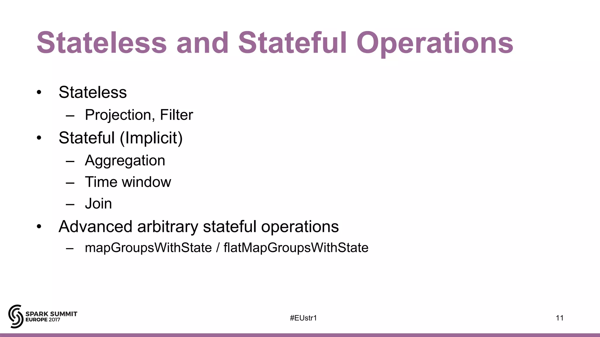 Stateless and Stateful Operations
• Stateless
– Projection, Filter
• Stateful (Implicit)
– Aggregation
– Time window
– Join
• Advanced arbitrary stateful operations
– mapGroupsWithState / flatMapGroupsWithState
11#EUstr1
 