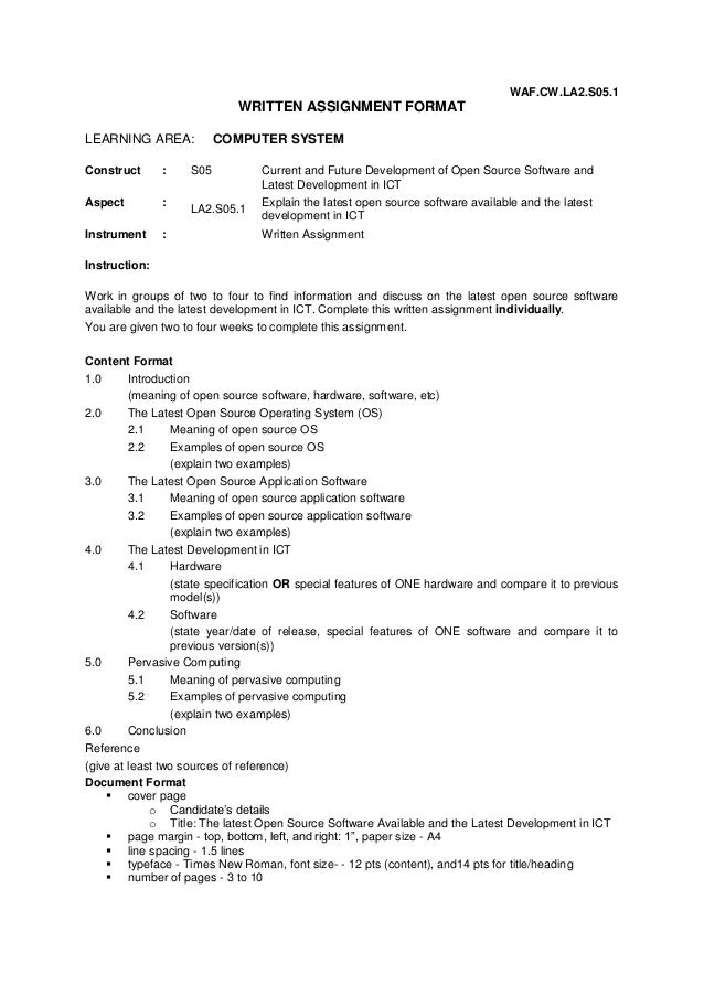 WRITTEN ASSIGNMENT FORMAT - LA 2.0 COMPUTER SYSTEM