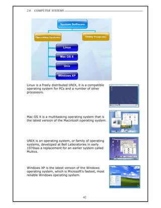 2.0   COMPUTER SYSTEMS




Linux is a freely distributed UNIX, it is a compatible
operating system for PCs and a number of other
processors.




Mac OS X is a multitasking operating system that is
the latest version of the Macintosh operating system.




UNIX is an operating system, or family of operating
systems, developed at Bell Laboratories in early
1970sas a replacement for an earlier system called
Multics.




Windows XP is the latest version of the Windows
operating system, which is Microsoft s fastest, most
reliable Windows operating system.




                                       42
 
