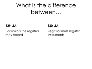 What is the difference
between…
S29 LTA
Particulars the registrar
may record
S30 LTA
Registrar must register
instruments
 