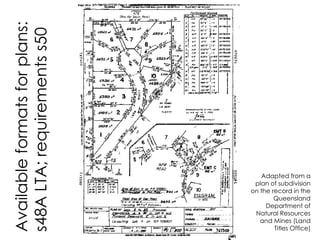 Availableformatsforplans:
s48ALTA;requirementss50
Adapted from a
plan of subdivision
on the record in the
Queensland
Department of
Natural Resources
and Mines (Land
Titles Office)
 