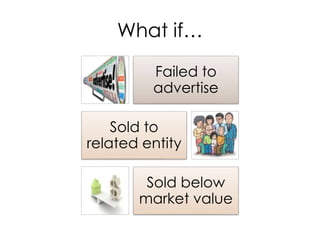 What if…
Failed to
advertise
Sold to
related entity
Sold below
market value
 