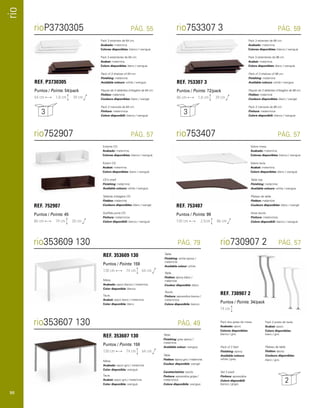 rio 
rioP3730305 PÁG. 55 rio753307 3 PÁG. 59 
rio752907 PÁG. 57 
REF. 752907 
Puntos / Points: 45 
86 cm 19 cm 20 cm 
Estante CD. 
Acabado: melamina. 
Colores disponibles: blanco / wengué. 
Estant CD. 
Acabat: melamina. 
Colors disponibles: blanc / wengué. 
CD’s shelf. 
Finishing: melamine. 
Available colours: white / wengue. 
Tablette d’étagère CD. 
Finition: mélaminé. 
Couleurs disponibles: blanc / wengé. 
Scaffale porta CD. 
Finitura: melaminica. 
Colore disponibili: bianco / wenguè. 
rio753407 
Sobre mesa 
Acabado: melamina. 
Colores disponibles: blanco / wengué. 
Sobre taula. 
Acabat: melamina. 
Colors disponibles: blanc / wengué. 
Table top. 
Finishing: melamine. 
Available colours: white / wengue. 
Asse tavolo. 
Finitura: melaminica. 
Colore disponibili: bianco / wenguè. 
REF. 753407 
Puntos / Points: 99 
130 cm 2,5cm 86 cm 
rio730907 2 
PÁG. 57 
PÁG. 57 
Pack dos patas de mesa. 
Acabado: epoxi. 
Colores disponibles: 
blanco / gris. 
Pack 2 potes de taula. 
Acabat: epoxi. 
Colors disponibles: 
blanc / gris. 
Pack of 2 feet. 
Finishing: epoxy. 
Available colours: 
white / grey. 
Plateau de table. 
Finition: mélaminé. 
Couleurs disponibles: blanc / wengé. 
Plateau de table. 
Finition: époxy. 
Couleurs disponibles: 
blanc / gris. 
Set 2 piedi. 
Finitura: epossidica. 
Colore disponibili: 
bianco / grigio. 
REF. P3730305 
Puntos / Points: 54/pack 
64 cm 1,8 cm 39 cm 
Pack 3 estantes de 64 cm. 
Acabado: melamina. 
Colores disponibles: blanco / wengué. 
Pack 3 estantes de 86 cm. 
Acabado: melamina. 
Colores disponibles: blanco / wengué. 
Pack 3 estanteries de 64 cm. 
Acabat: melamina. 
Colors disponibles: blanc / wengué. 
Pack 3 estanteries de 86 cm. 
Acabat: melamina. 
Colors disponibles: blanc / wengué. 
Pack of 3 shelves of 64 cm. 
Finishing: melamine. 
Available colours: white / wengue. 
Pack of 3 shelves of 86 cm. 
Finishing: melamine. 
Available colours: white / wengue. 
Paquet de 3 tablettes d’étagère de 64 cm. 
Finition: mélaminé. 
Couleurs disponibles: blanc / wengé. 
Paquet de 3 tablettes d’étagère de 86 cm. 
Finition: mélaminé. 
Couleurs disponibles: blanc / wengé. 
Pack 3 mensole da 64 cm. 
Finitura: melaminica. 
Colore disponibili: bianco / wenguè. 
Pack 3 mensole da 86 cm. 
Finitura: melaminica. 
Colore disponibili: bianco / wenguè. 
REF. 753307 3 
Puntos / Points: 72/pack 
86 cm 1,8 cm 39 cm 
3 3 
rio353609 130 PÁG. 79 
REF. 353609 130 
Puntos / Points: 159 
130 cm 74 cm 64 cm 
Mesa. 
Acabado: epoxi blanco / melamina. 
Color disponible: blanco. 
Taula. 
Acabat: epoxi blanc / melamina. 
Color disponible: blanc. 
Table. 
Finishing: white epoxy / 
melamine. 
Available colour: white. 
Table. 
Finition: époxy blanc / 
mélaminé. 
Couleur disponible: blanc. 
Tavolo. 
Finitura: epossidica bianca / 
melaminica. 
Colore disponibile: bianco. 
rio353607 130 PÁG. 49 
REF. 353607 130 
Puntos / Points: 159 
130 cm 74 cm 64 cm 
Mesa. 
Acabado: epoxi gris / melamina. 
Color disponible: wengué. 
Taula. 
Acabat: epoxi gris / melamina. 
Color disponible: wengué. 
Table. 
Finishing: grey epoxy / 
melamine. 
Available colour: wengue. 
Table. 
Finition: époxy gris / mélaminé. 
Couleur disponible: wengé. 
Caratteristiche: tavolo. 
Finitura: epossidica grigia / 
melaminica. 
Colore disponibile: wengue. 
REF. 730907 2 
Puntos / Points: 34/pack 
74 cm 
2 
98 
 