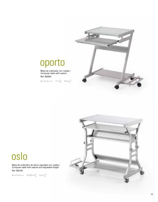 oporto 
Mesa de ordenador con ruedas / 
Computer table with castors 
Ref: 350204 
60+25 cm 77 cm 50 cm 
oslo 
Mesa de ordenador de altura regulable con ruedas / 
Computer table with castors and adjustable height 
Ref: 350104 
80+25 cm 82 (92) cm 52 cm 
77 
 