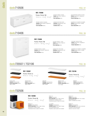 dado 
dado710506 PÁG. 37 
REF. 710506 
Puntos / Points: 159 
130 cm 42 cm 43 cm 
Cómoda 2 cajones y 2 puertas. 
Acabado: lacado satinado / tiradores de 
aluminio mate. 
Color disponible: blanco. 
Còmoda 2 calaixos i 2 portes. 
Acabat: lacat satinat / tiradors en 
alumini mate. 
Color disponible: blanc. 
2 drawers and 2 doors chest. 
Finishing: matt lacquering / matt 
aluminium handles. 
Available colour: white. 
Commode basse 2 portes et 2 tiroirs. 
Finition: laqué satiné / poignées en 
aluminium mat. 
Couleur disponible: blanc. 
Cassettiera con 2 cassetti e 2 armadietti. 
Finitura: laccato satinato / maniglie 
alluminio opaco. 
Colore disponibile: bianco. 
dado710406 PÁG. 39 
REF. 710406 
Puntos / Points: 198 
87 cm 100 cm 43 cm 
Cómoda 3 cajones y 1 puerta. 
Acabado: lacado satinado / tiradores de 
aluminio mate. 
Color disponible: blanco. 
Còmoda 3 calaixos i 1 porta. 
Acabat: lacat satinat / tiradors en 
alumini mate. 
Color disponible: blanc. 
3 drawers and 1 door chest. 
Finishing: matt lacquering / matt 
aluminium handles. 
Available colour: white. 
Commode 1 porte et 3 tiroirs. 
Finition: laqué satiné / poignées en 
aluminium mat. 
Couleur disponible: blanc. 
Cassettiera con 3 cassetti e 1 armadiette. 
Finitura: laccato satinato / maniglie 
alluminio opaco. 
Colore disponibile: bianco. 
dado735507 / 732106 PÁG. 35 
REF. 735507 
Puntos / Points: 21 
50 cm 4,5 cm 21 cm 
REF. 732106 
Puntos / Points: 25 
100 cm 4,5 cm 24 cm 
Estante pared. 
Acabado: lacado satinado. 
Colores disponibles: blanco / 
negro / naranja. 
Estanteria paret. 
Acabat: lacat satinat. 
Colors disponibles: blanc / 
negre / taronja. 
Wall shelf. 
Finishing: matt lacquering. 
Available colours: white / 
black / orange. 
Tablette murale. 
Finition: laqué satiné. 
Couleurs disponibles: blanc / 
noir / orange. 
Mensola. 
Finitura: laccato satinato. 
Colore disponibili: bianco / 
nero / arancione. 
dado732506 PÁG. 33 
REF. 732506 
Puntos / Points: 59 
44 cm 46 cm 35 cm 
Módulo 1x1. 
Acabado: lacado satinado. 
Colores disponibles: blanco / negro / naranja. 
Posibilidad de montaje en pared. 
Posibilidad de llevar 4 ruedas (no incluidas). 
Mòdul 1x1. 
Acabat: lacat satinat. 
Color disponible: blanc / negre / taronja. 
Possibilitat de muntatge a la paret. 
Possibilitat de portar 4 rodes (no incloses). 
1x1 module 
Finishing: matt lacquering. 
Available colours: white / black / orange. 
Can be assambled on wall. 
Possibility to add 4 castors (not included) 
Module 1x1. 
Finition: laqué satiné. 
Couleurs disponibles: blanc / noir / orange. 
Peut se fixer au mur 
Option: 4 roulettes (non inclues). 
Modulo 1x1. 
Finitura: laccato satinato. 
Colore disponibili: bianco / nero / arancione. 
Possibilità di fissarlo alla parete. 
Opzione 4 ruote (non incluse). 
92 
 