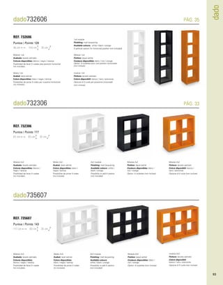 dado732606 PÁG. 35 
dado 
REF. 732606 
Puntos / Points: 129 
46 cm 154 cm 35 cm 
Módulo 1x4. 
Acabado: lacado satinado. 
Colores disponibles: blanco / negro / naranja. 
Posibilidad de llevar 5 ruedas para posición horizontal 
(no incluidas). 
Mòdul 1x4. 
Acabat: lacat satinat. 
Colors disponibles: blanc / negre / taronja. 
Possibilitat de portar 5 rodes per a posició horitzontal 
(no incloses). 
dado732306 PÁG. 33 
Módulo 2x2. 
Acabado: lacado satinado. 
Colores disponibles: blanco / 
negro / naranja. 
Posibilidad de llevar 4 ruedas 
(no incluidas). 
Mòdul 2x2. 
Acabat: lacat satinat. 
Colors disponibles: blanc / 
negre / taronja. 
Possibilitat de portar 4 rodes 
(no incloses). 
2x2 module. 
Finishing: matt lacquering. 
Available colours: white / 
black / orange. 
Possibility to add 4 castors 
(not included) 
Module 2x2. 
Finition: laqué satiné 
Couleurs disponibles: blanc / 
noir / orange. 
Option: 4 roulettes (non inclues). 
Modulo 2x2. 
Finitura: laccato satinato. 
Colore disponibili: bianco / 
nero / arancione. 
Opzione di 4 ruote (non incluse). 
REF. 732306 
Puntos / Points: 117 
81 cm 83 cm 35 cm 
dado735607 
Módulo 2x3. 
Acabado: lacado satinado. 
Colores disponibles: 
blanco / negro / naranja. 
Posibilidad de llevar 5 ruedas 
(no incluidas). 
Mòdul 2x3. 
Acabat: lacat satinat. 
Colors disponibles: 
blanc / negre / taronja. 
Possibilitat de portar 5 rodes 
(no incloses). 
2x3 module. 
Finishing: matt lacquering. 
Available colours: 
white / black / orange. 
Possibility to add 5 castors 
(not included) 
Module 2x3. 
Finition: laqué satiné 
Couleurs disponibles: blanc / 
noir / orange. 
Option: 4 roulettes (non inclues). 
modulo 2x3. 
Finitura: laccato satinato. 
Colore disponibili: 
bianco / nero / arancione. 
Opzione di 5 ruote (non incluse). 
REF. 735607 
Puntos / Points: 143 
117 cm 83 cm 35 cm 
1x4 module. 
Finishing: matt lacquering. 
Available colours: white / black / orange. 
5 optional castors for horizontal position (not included). 
Module 1x4. 
Finition: laqué satiné 
Couleurs disponibles: blanc / noir / orange. 
Option: 5 roulettes pour une position horizontale 
(non inclues). 
modulo 1x4. 
Finitura: laccato satinato. 
Colore disponibili: bianco / nero / arancione. 
Opzione di 5 ruote per posizione orizzontale 
(non incluse). 
93 
 