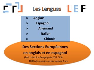 » Anglais
» Espagnol
» Allemand
» Italien
» Chinois
Des Sections Européennes
en anglais et en espagnol
(DNL: Histoire Géographie, SVT, SES)
100% de réussite au bac depuis 2 ans
 