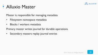 Alluxio Master
Master is responsible for managing metadata
•  Filesystem namespace metadata
•  Blocks / workers metadata
Primary master writes journal for durable operations
•  Secondary masters replay journal entries
©2017 Alluxio, Inc.All Rights Reserved 1 8
 