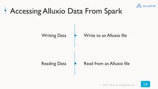 Accessing Alluxio Data From Spark
Writing Data Write to an Alluxio file
Reading Data Read from an Alluxio file
©2017 Alluxio, Inc.All Rights Reserved 2 8
 