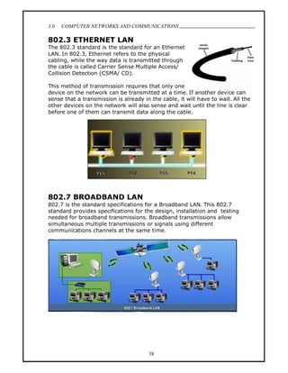 3.0   COMPUTER NETWORKS AND COMMUNICATIONS
                                                                                   .
802.3 ETHERNET LAN
The 802.3 standard is the standard for an Ethernet
LAN. In 802.3, Ethernet refers to the physical
cabling, while the way data is transmitted through
the cable is called Carrier Sense Multiple Access/
Collision Detection (CSMA/ CD).

This method of transmission requires that only one
device on the network can be transmitted at a time. If another device can
sense that a transmission is already in the cable, it will have to wait. All the
other devices on the network will also sense and wait until the line is clear
before one of them can transmit data along the cable.




802.7 BROADBAND LAN
802.7 is the standard specifications for a Broadband LAN. This 802.7
standard provides specifications for the design, installation and testing
needed for broadband transmissions. Broadband transmissions allow
simultaneous multiple transmissions or signals using different
communications channels at the same time.




                                       38
 