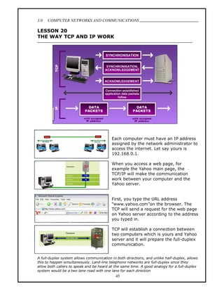 3.0   COMPUTER NETWORKS AND COMMUNICATIONS
                                                                                           .
LESSON 20
THE WAY TCP AND IP WORK




                                          Each computer must have an IP address
                                          assigned by the network administrator to
                                          access the internet. Let say yours is
                                          192.168.0.1.

                                          When you access a web page, for
                                          example the Yahoo main page, the
                                          TCP/IP will make the communication
                                          work between your computer and the
                                          Yahoo server.


                                          First, you type the URL address
                                           www.yahoo.com on the browser. The
                                          TCP will send a request for the web page
                                          on Yahoo server according to the address
                                          you typed in.

                                          TCP will establish a connection between
                                          two computers which is yours and Yahoo
                                          server and it will prepare the full-duplex
                                          communication.


A full-duplex system allows communication in both directions, and unlike half-duplex, allows
this to happen simultaneously. Land-line telephone networks are full-duplex since they
allow both callers to speak and be heard at the same time. A good analogy for a full-duplex
system would be a two lane road with one lane for each direction
                                            45
 