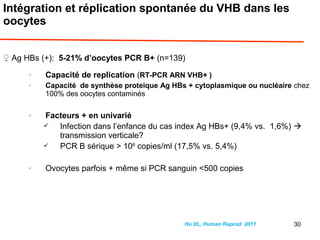 Intégration et réplication spontanée du VHB dans les
oocytes
♀ Ag HBs (+): 5-21% d’oocytes PCR B+ (n=139)
o
Capacité de replication (RT-PCR ARN VHB+ )
o
Capacité de synthèse proteique Ag HBs + cytoplasmique ou nucléaire chez
100% des oocytes contaminés
o
Facteurs + en univarié
 Infection dans l’enfance du cas index Ag HBs+ (9,4% vs. 1,6%) 
transmission verticale?
 PCR B sérique > 106
copies/ml (17,5% vs. 5,4%)
o
Ovocytes parfois + même si PCR sanguin <500 copies
Hu XL, Human Reprod 2011 30
 