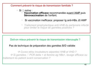 Doit-on mieux prévenir le risque de transmission intercouple ?
Pas de technique de préparation des gamètes B/D validée
 Cuves et/ou incubateurs séparées VHB et VHD ?
 Si gamètes ♂ PCR delta + et femme ag HBs+, lavage efficace ou
traitement du patient avant conservation ?
Comment prévenir le risque de transmission familiale ?
•
Si ♀ naïve :
•
Vaccination efficace recommandée avant l’AMP puis
Sérovaccination de l’enfant.
•
Si vaccination inefficace: proposer Ig anti-HBs J0 AMP
•
Traitement prophylactique anti-VHB du partenaire infecté
pour limiter le risque de gamètes positives ?
42
 