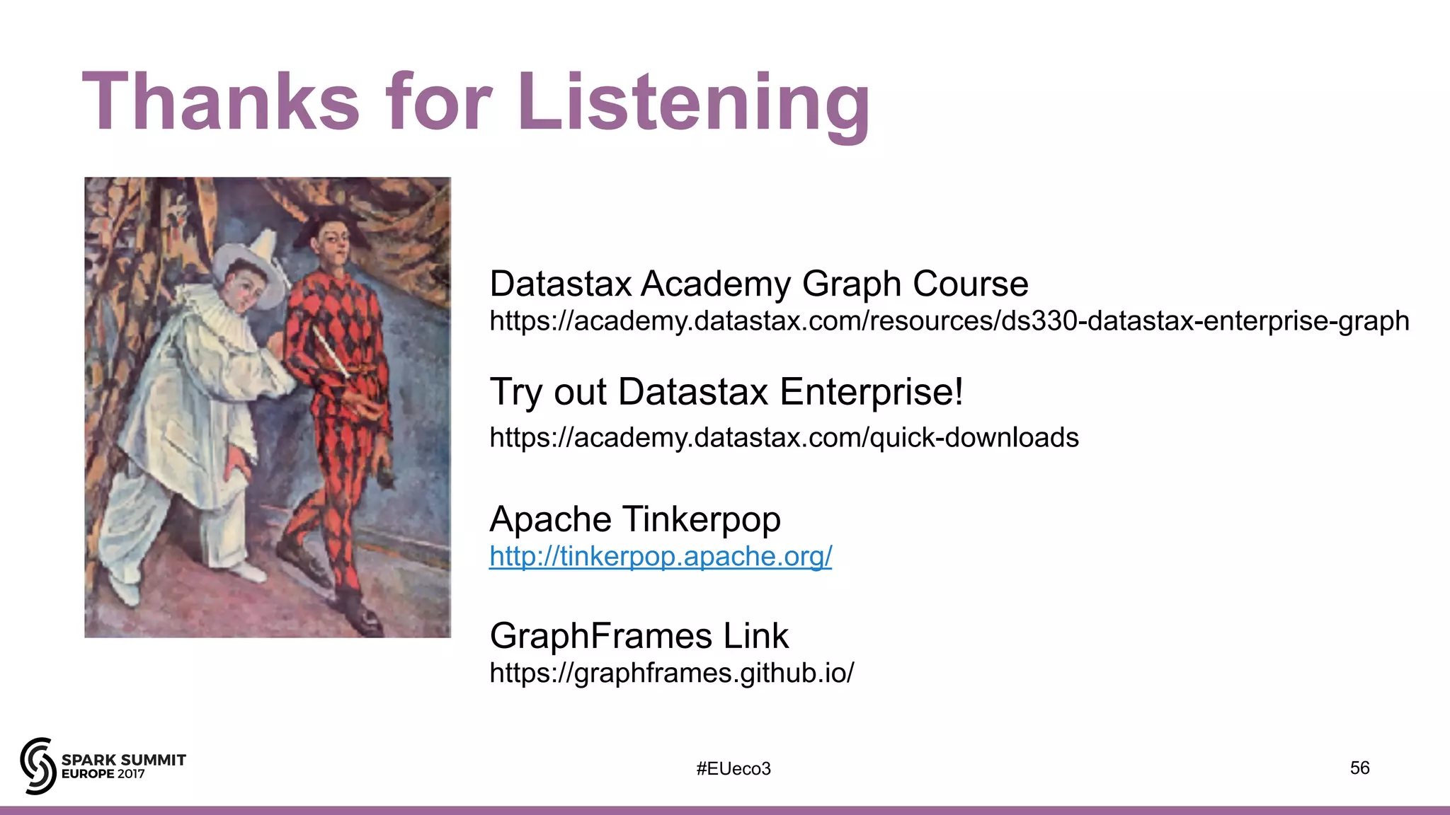 #EUeco3
Thanks for Listening
56
Datastax Academy Graph Course
https://academy.datastax.com/resources/ds330-datastax-enterprise-graph 
Try out Datastax Enterprise!
https://academy.datastax.com/quick-downloads 
 
Apache Tinkerpop 
http://tinkerpop.apache.org/
 
GraphFrames Link
https://graphframes.github.io/
 