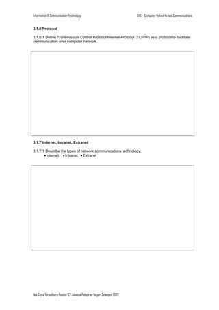 Information & Communication Technology

LA3 – Computer Networks and Communications

3.1.6 Protocol
3.1.6.1 Define Transmission Control Protocol/Internet Protocol (TCP/IP) as a protocol to facilitate
communication over computer network.

3.1.7 Internet, Intranet, Extranet
3.1.7.1 Describe the types of network communications technology:
• Internet • Intranet • Extranet

Hak Cipta Terpelihara Panitia ICT Jabatan Pelajaran Negeri Selangor 2007

 