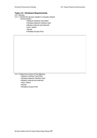 Information & Communication Technology

Topic 3.2 - Hardware Requirements
3.2.1 Devices
3.2.1.1 Identify the devices needed in computer network
communication :
• Network Interface Card (NIC)
• Wireless Network Interface Card
• Modem (internal and external)
• Hub / Switch
• Router
• Wireless Access Point

3.2.1.2 State the functions of the following:
• Network Interface Card (NIC)
• Wireless Network Interface Card
• Modem (internal and external)
• Hub / Switch
• Router
• Wireless Access Point

Hak Cipta Terpelihara Panitia ICT Jabatan Pelajaran Negeri Selangor 2007

LA3 – Computer Networks and Communications

 