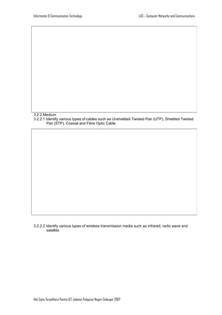 Information & Communication Technology

LA3 – Computer Networks and Communications

3.2.2 Medium
3.2.2.1 Identify various types of cables such as Unshielded Twisted Pair (UTP), Shielded Twisted
Pair (STP), Coaxial and Fibre Optic Cable.

3.2.2.2 Identify various types of wireless transmission media such as infrared, radio wave and
satellite.

Hak Cipta Terpelihara Panitia ICT Jabatan Pelajaran Negeri Selangor 2007

 