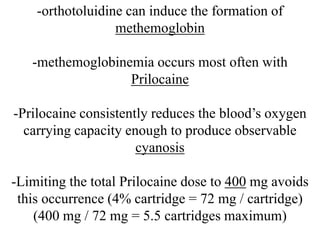-1.5 times more potent than Lidocaine
-Articaine is the only amide that contains a thiophene group
-Articaine is the only ...